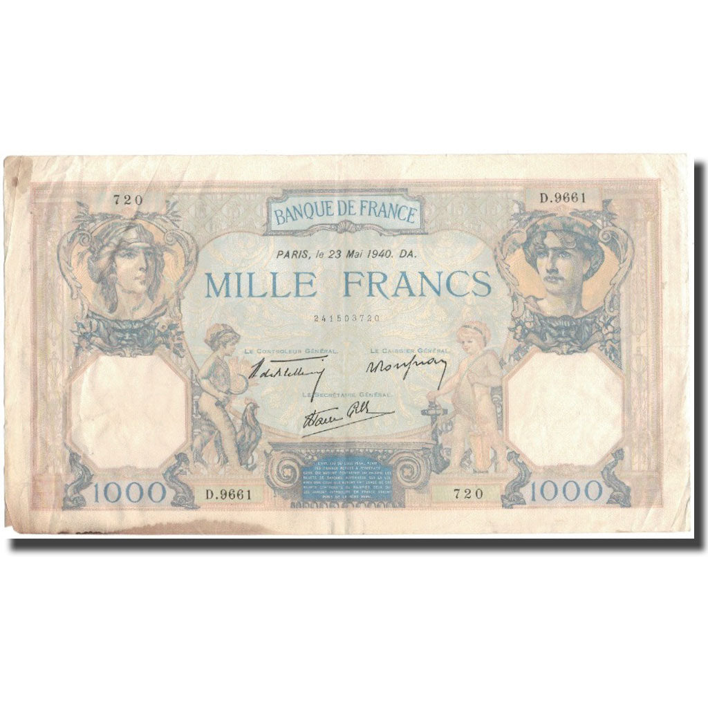 France, 1000 Francs, Cérès et Mercure, 1940-05-23, TB+, Fayette:38.47, KM:90c