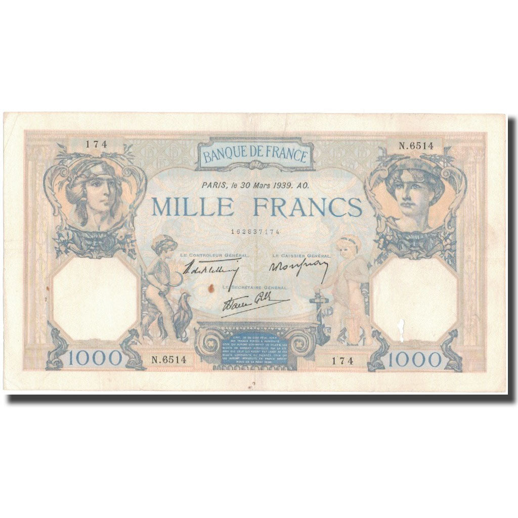 Francia, 1000 Francs, Cérès et Mercure, 1939-03-30, MBC, Fayette:38.35, KM:90c