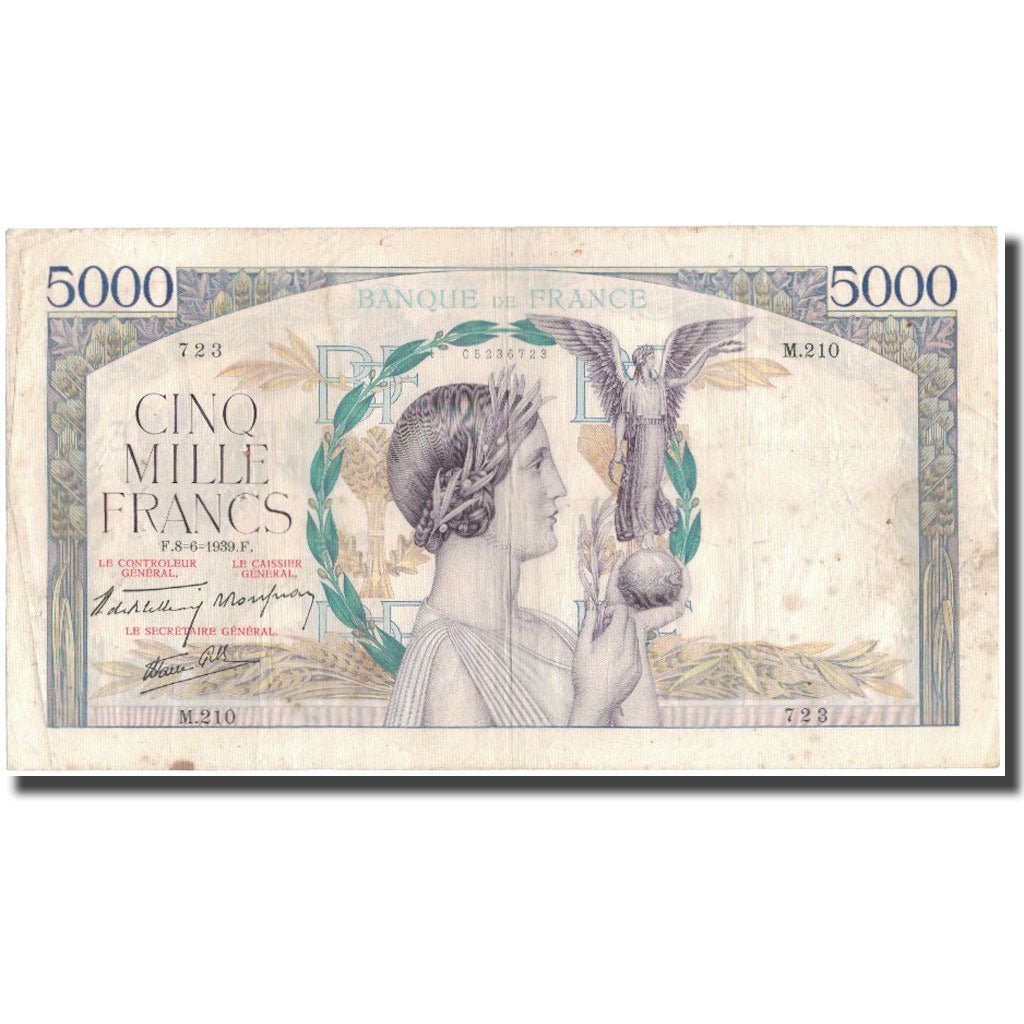 France, 5000 Francs, Victoire, 1939-06-08, VF(20-25), Fayette:46.7, KM:97a