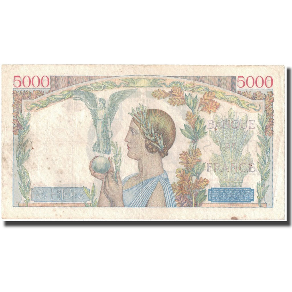 France, 5000 Francs, Victoire, 1939-06-08, VF(20-25), Fayette:46.7, KM:97a