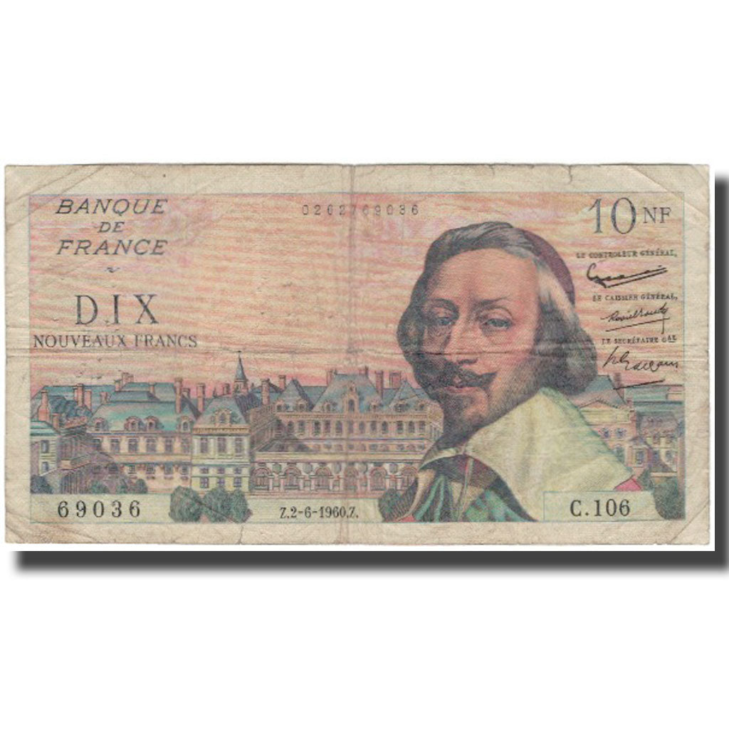 France, 10 Nouveaux Francs, Richelieu, 1960-06-02, VG(8-10), Fayette:42.8