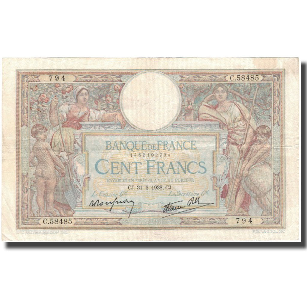 França, 100 Francs, Luc Olivier Merson, 1938-03-31, VG(8-10), Fayette:25.14