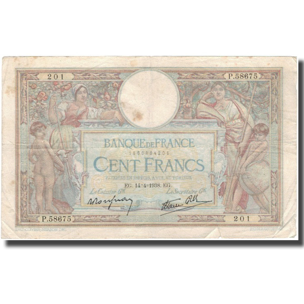 Francja, 100 Francs, Luc Olivier Merson, 1938-04-14, VF(20-25), Fayette:25.15