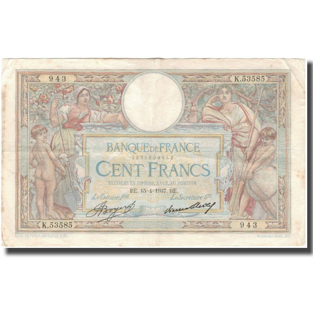 Francja, 100 Francs, Luc Olivier Merson, 1937-04-15, VF(30-35), Fayette:24.16