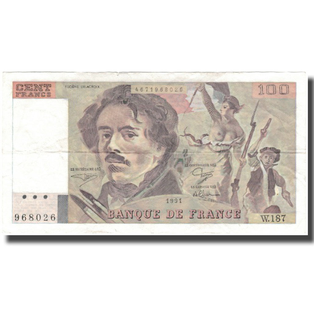 France, 100 Francs, Delacroix, 1991, EF(40-45), Fayette:69bis.3b2, KM:154f