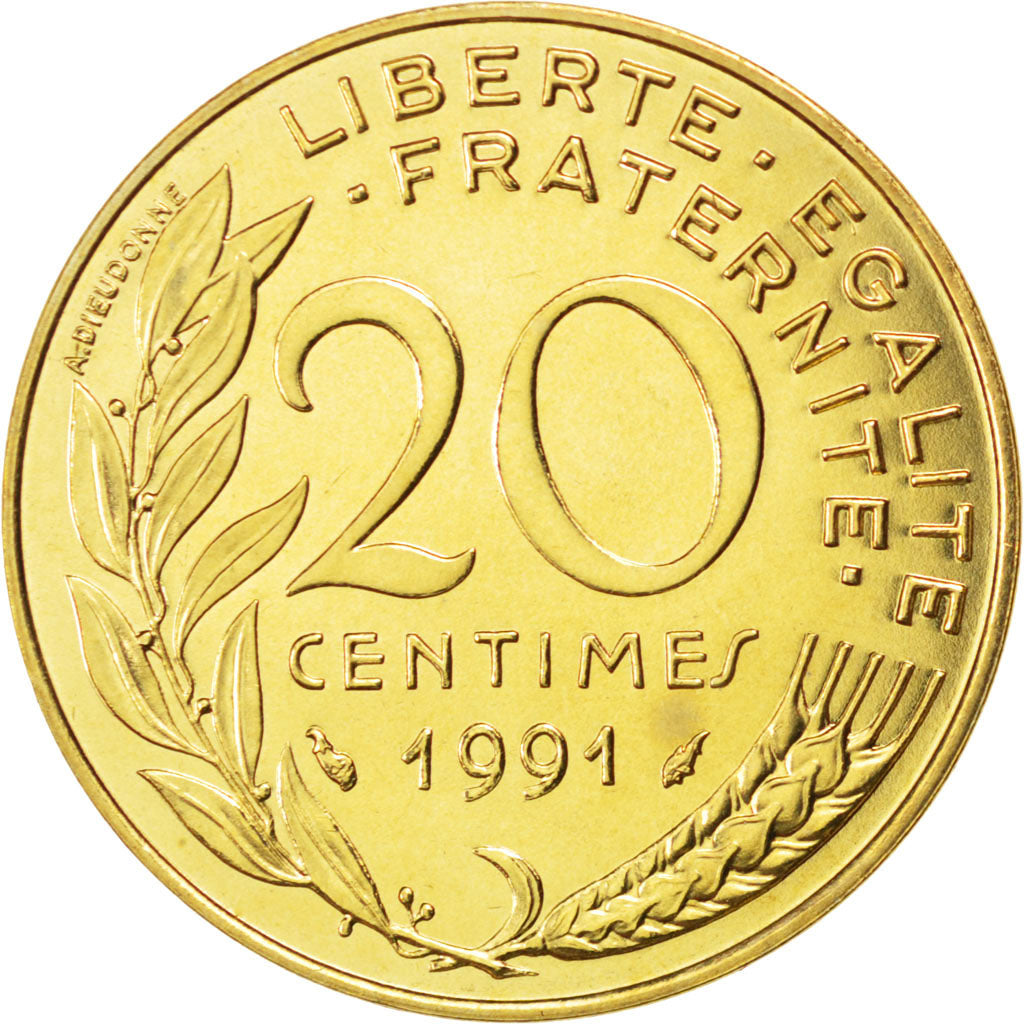 FRANCE, Marianne, 20 Centimes, 1991, Paris, KM #930, MS(65-70),...