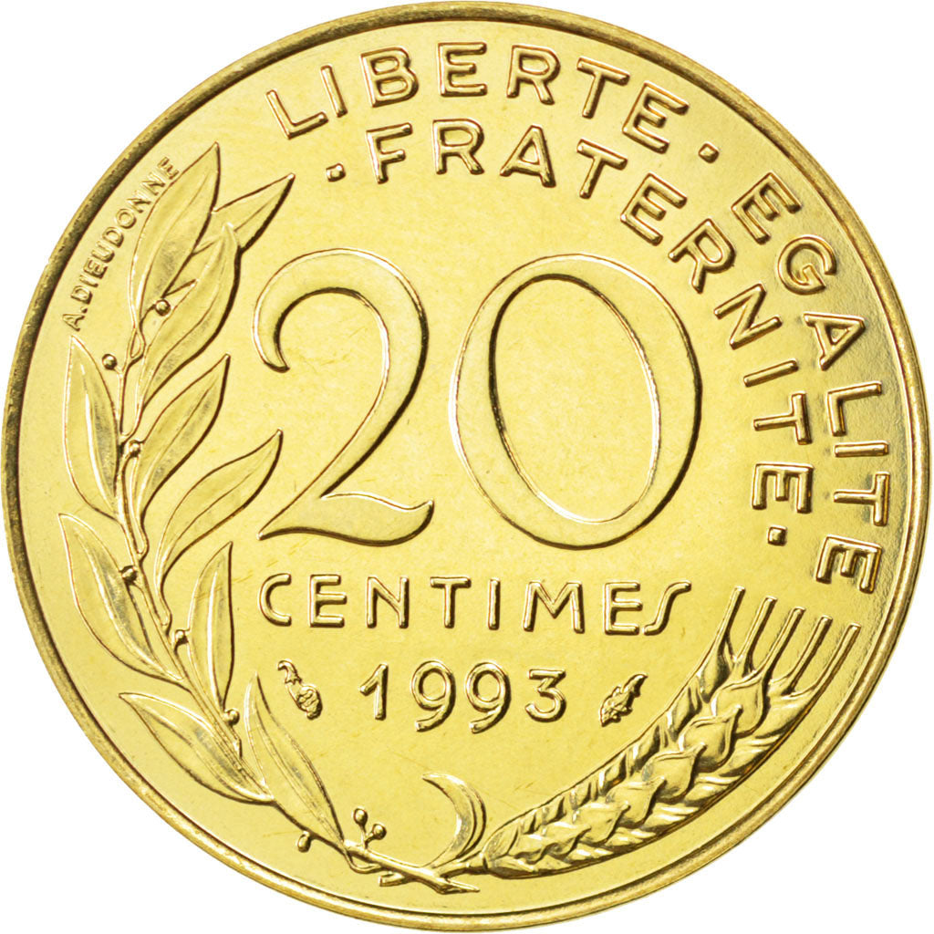 FRANCE, Marianne, 20 Centimes, 1993, Paris, KM #930, MS(65-70),...
