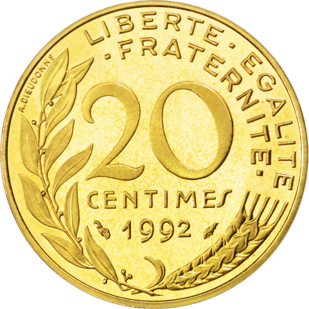 FRANCE, Marianne, 20 Centimes, 1992, Paris, KM #930, MS(65-70),...