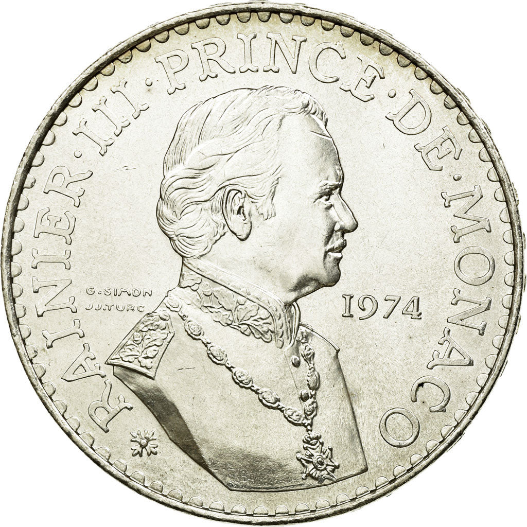 Coin, Monaco, Rainier III, 50 Francs, 1974, MS(60-62), Silver, KM:152.1