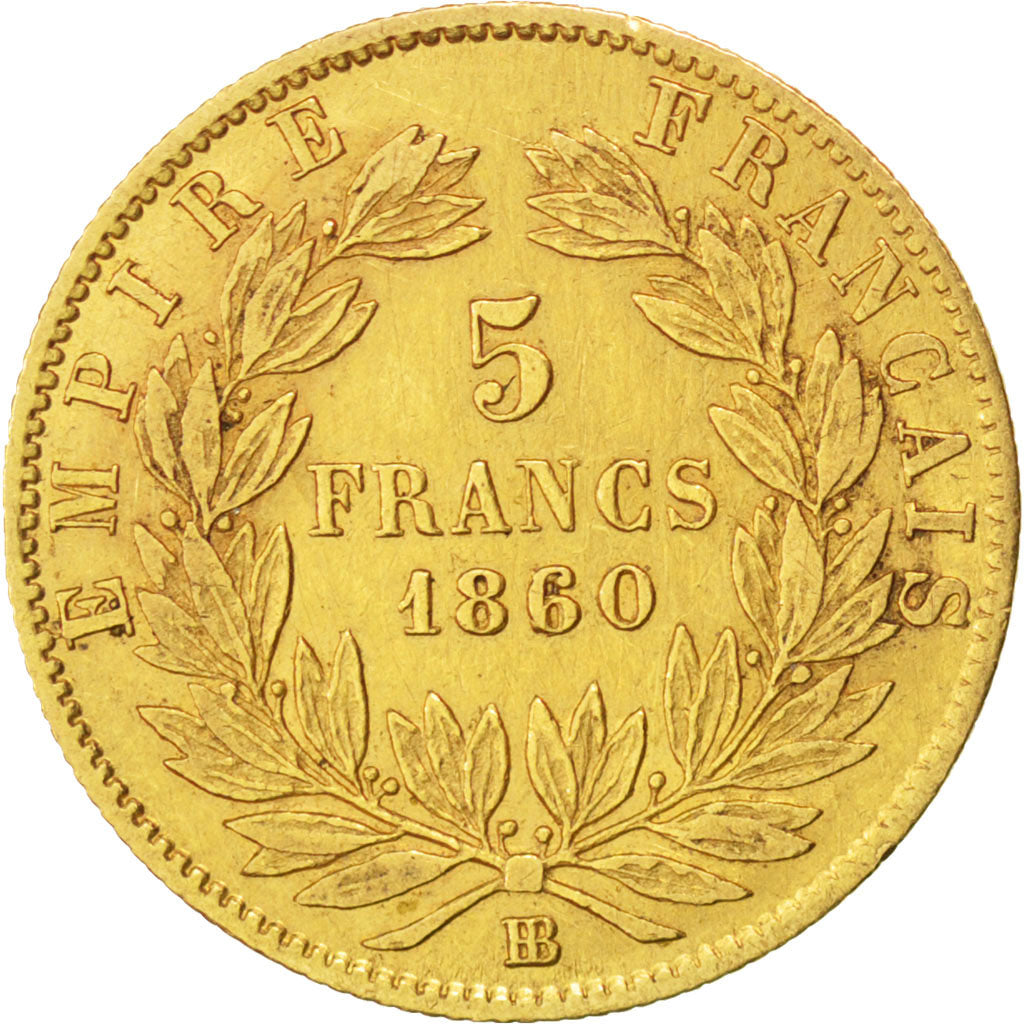 FRANCE, 5 Francs, 1860, Strasbourg, KM #787.2, VF(30-35), Gold, Gadoury #1001,..