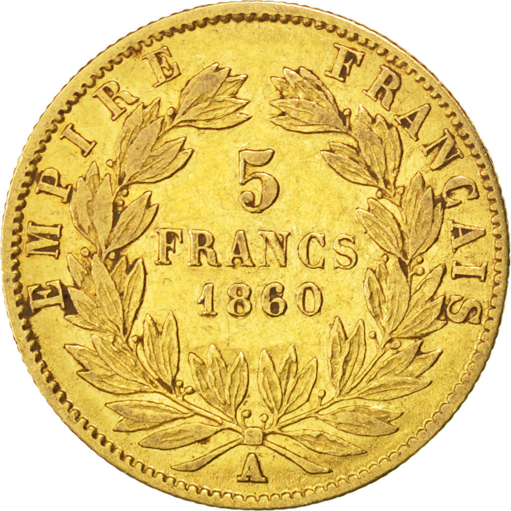 FRANCE, Napoléon III, 5 Francs, 1860, Paris, KM #787.1, VF(30-35), Gold, 16.7, G