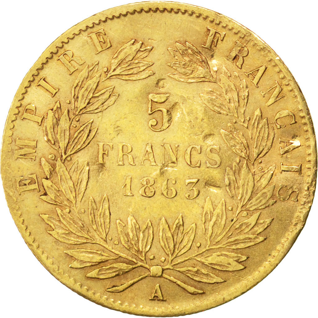 FRANCE, Napoléon III, 5 Francs, 1863, Paris, KM #803.1, VF(20-25), Gold, Gadoury