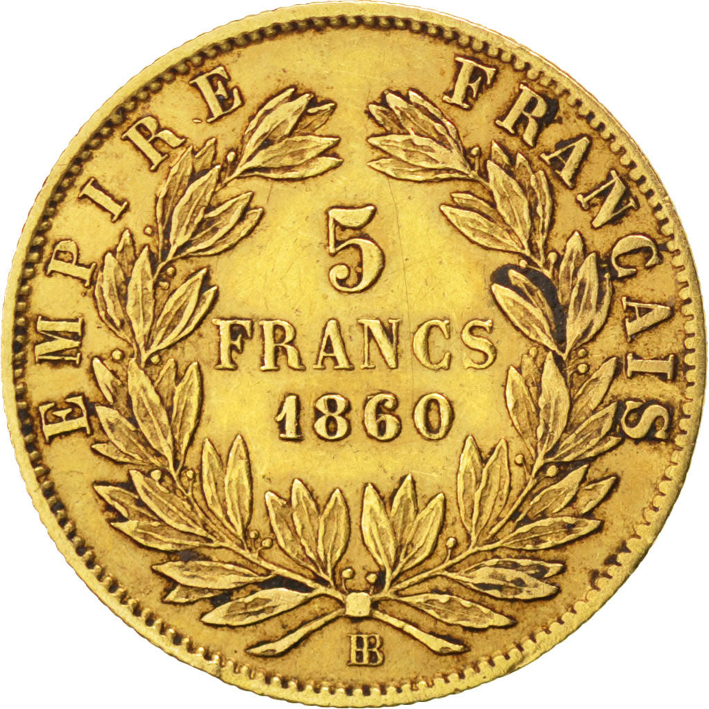 FRANCE, 5 Francs, 1860, Strasbourg, KM #787.2, EF(40-45), Gold, Gadoury #1001,..