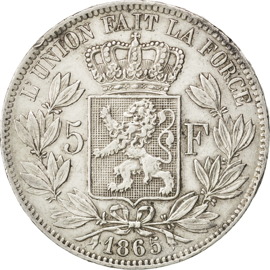 BELGIUM, 5 Francs, 5 Frank, 1865, KM #24, EF(40-45), Silver, 24.86