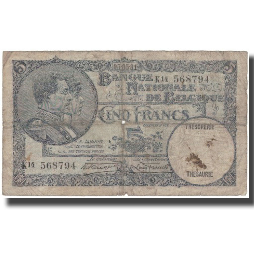 Banknot, Belgia, 5 Francs, 1931-05-05, KM:97b, F(12-15)