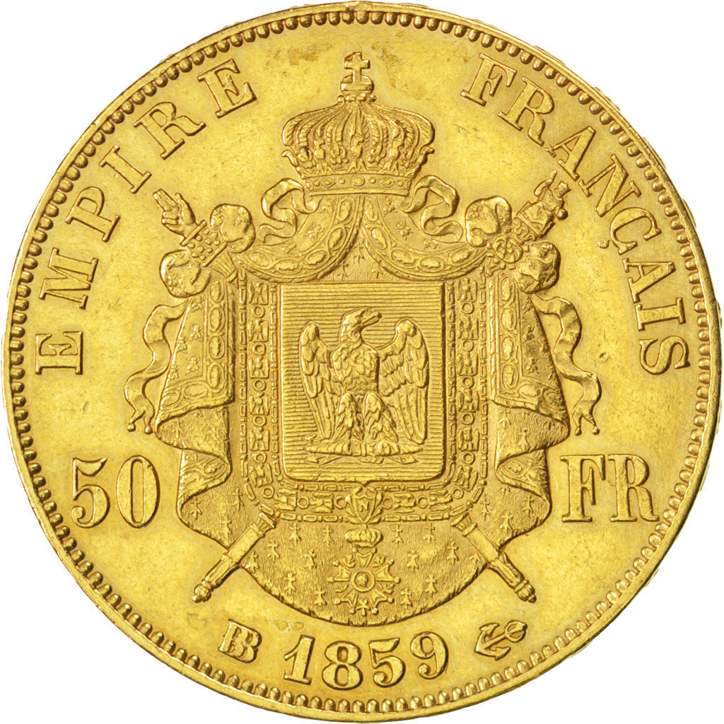 FRANCE, Napoléon III, 50 Francs, 1859, Strasbourg, KM #785.2, EF(40-45), Gold, G