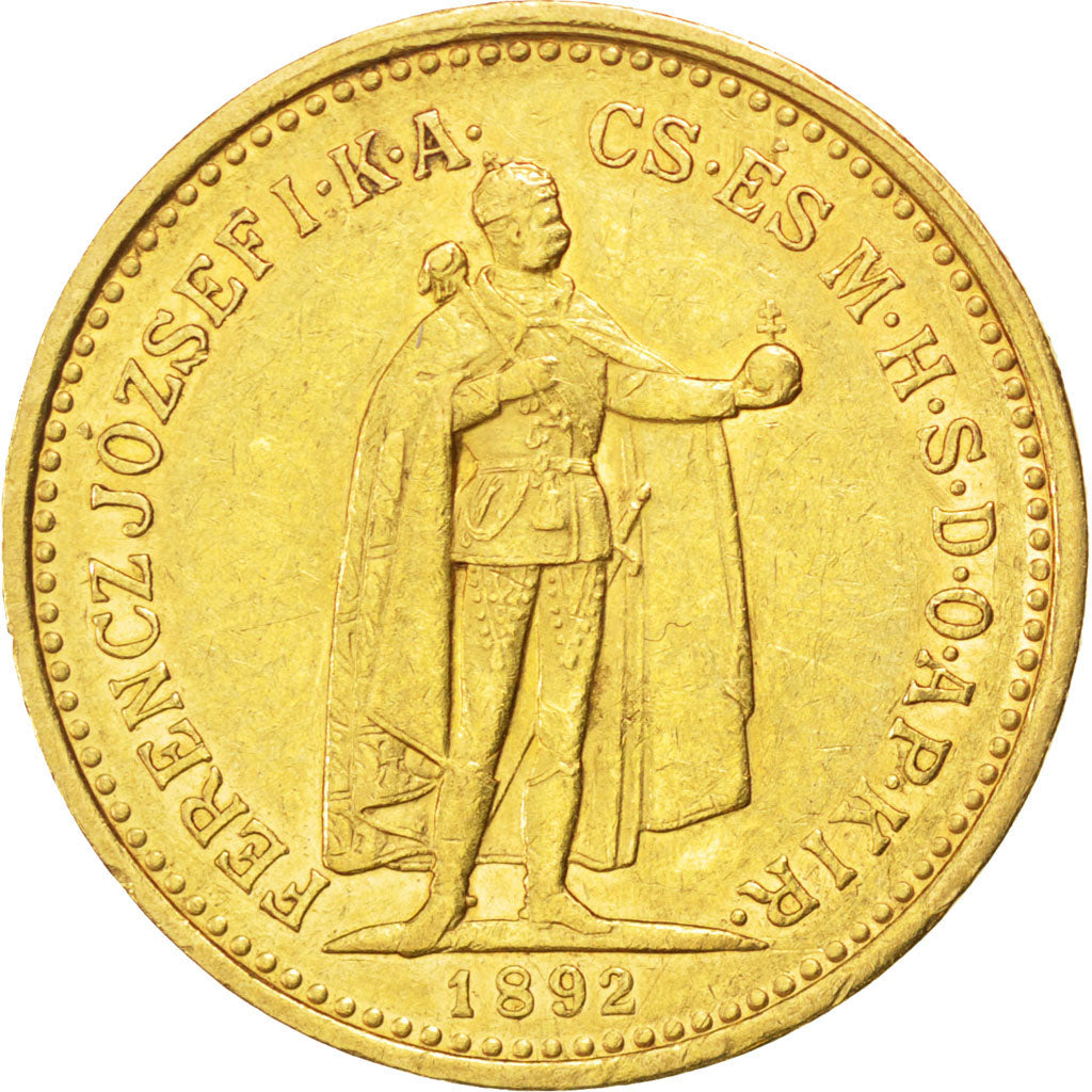HUNGARY, 10 Korona, 1892, Kormoczbanya, KM #485, AU(55-58), Gold, 3.37