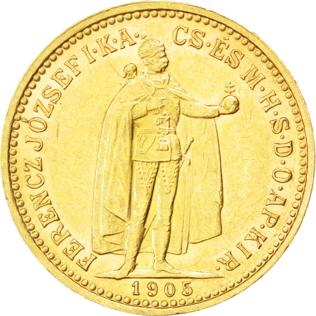 HUNGARY, 10 Korona, 1905, Kormoczbanya, KM #485, AU(55-58), Gold, 3.38