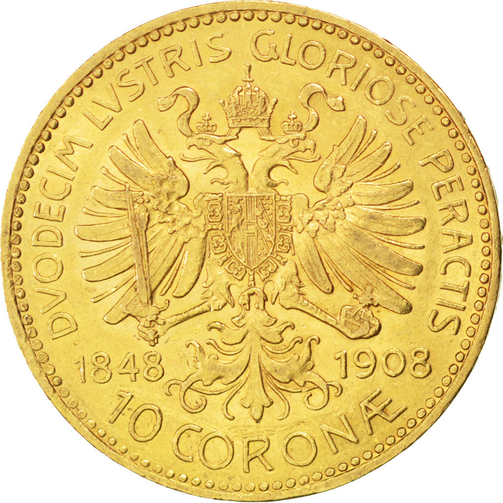 AUSTRIA, 10 Corona, 1908, KM #2810, AU(55-58), Gold, 19, 3.38