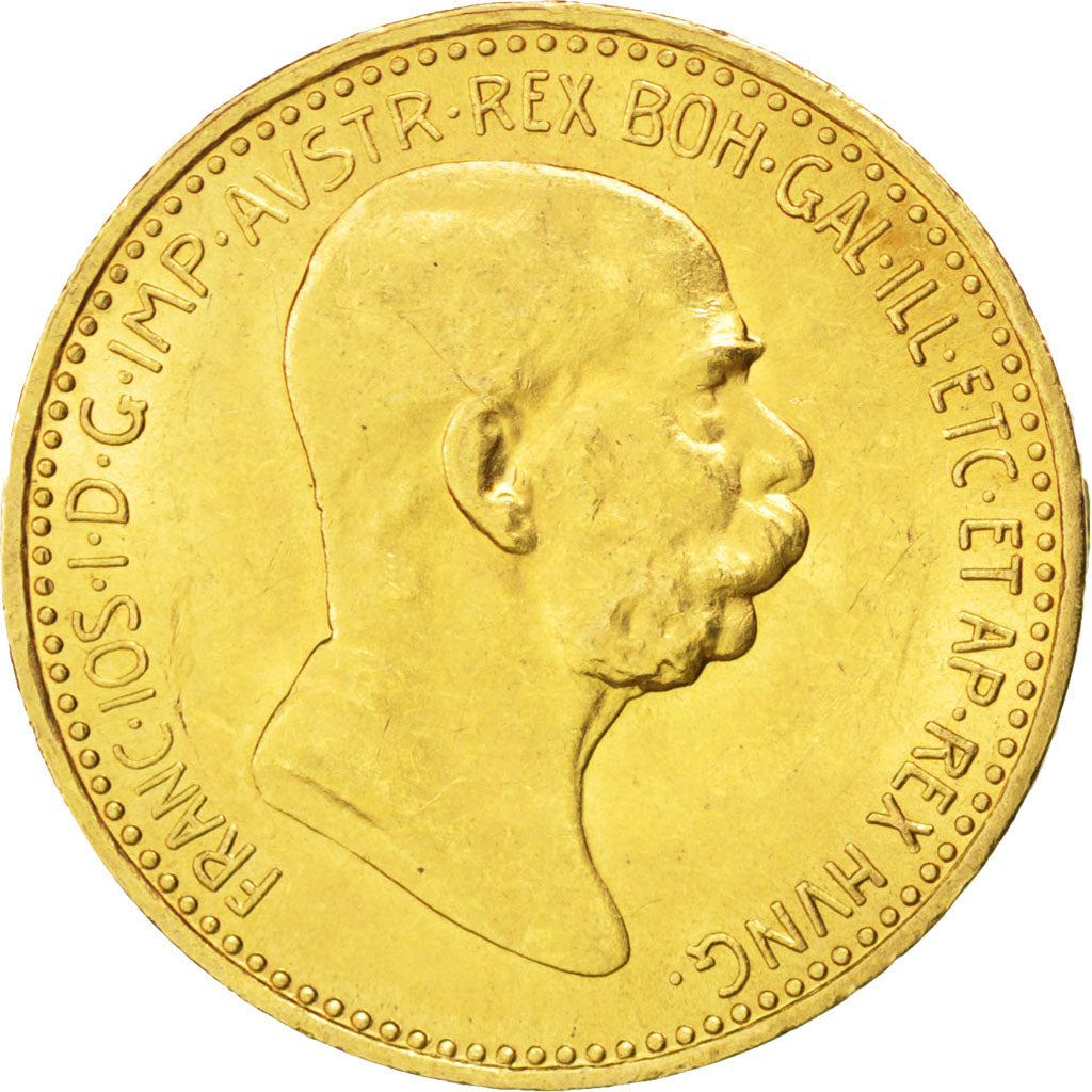 AUSTRIA, 10 Corona, 1908, KM #2810, AU(55-58), Gold, 19, 3.38