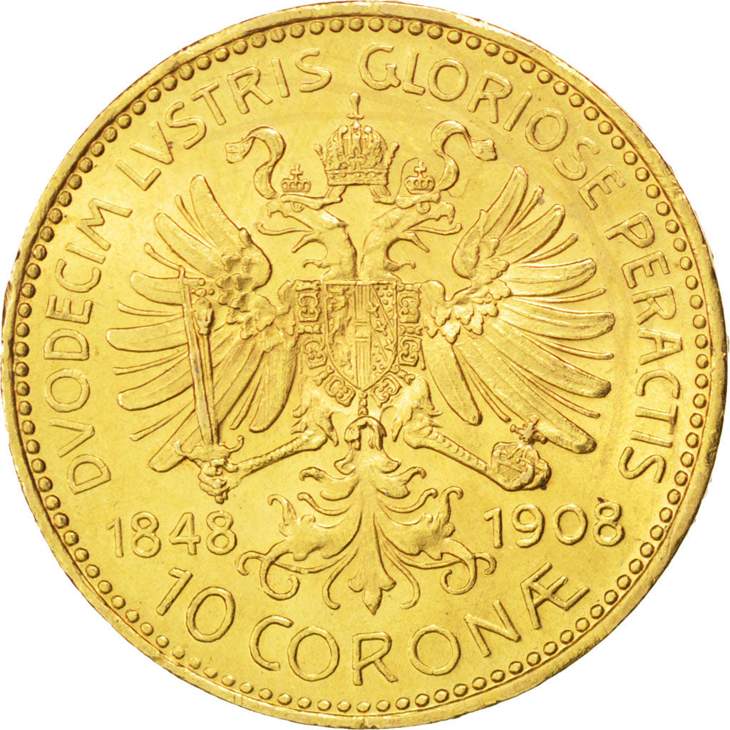 AUSTRIA, 10 Corona, 1908, KM #2810, AU(55-58), Gold, 19, 3.38