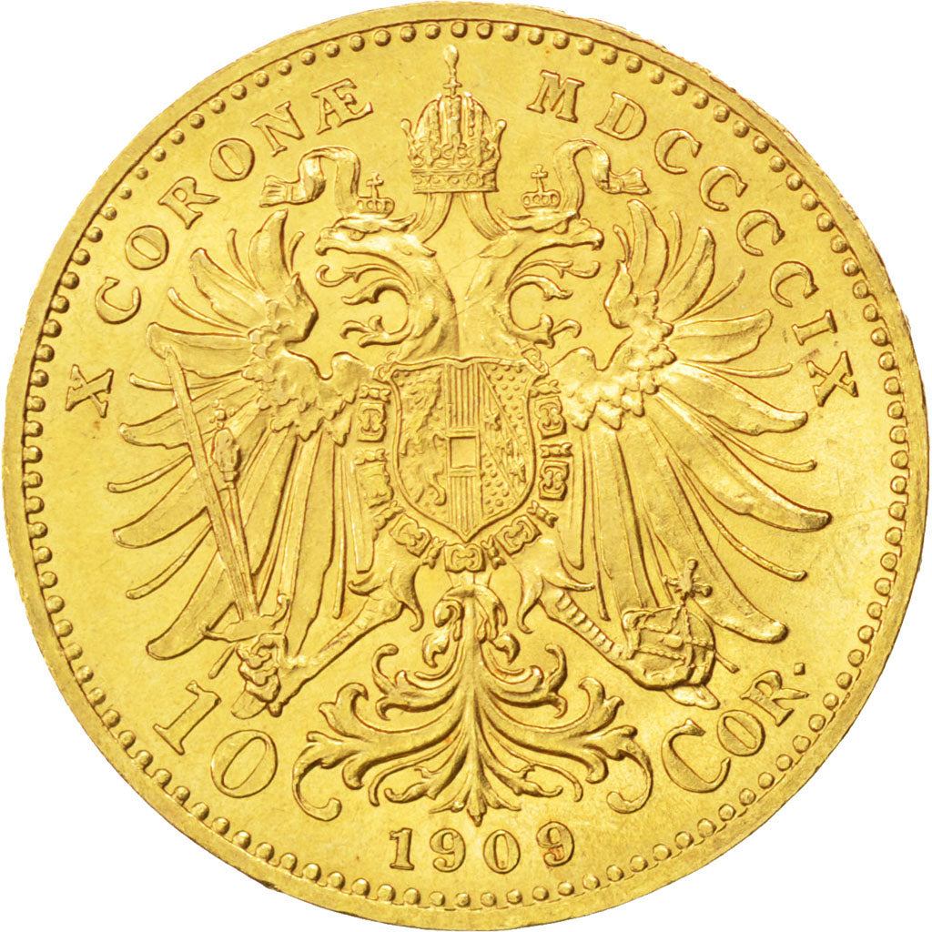 AUSTRIA, 10 Corona, 1909, KM #2816, AU(55-58), Gold, 19, 3.38