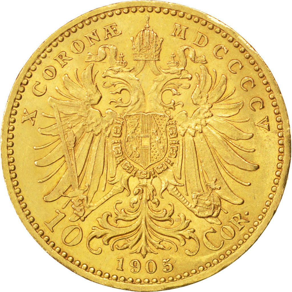 AUSTRIA, 10 Corona, 1905, KM #2805, AU(55-58), Gold, 19, 3.37