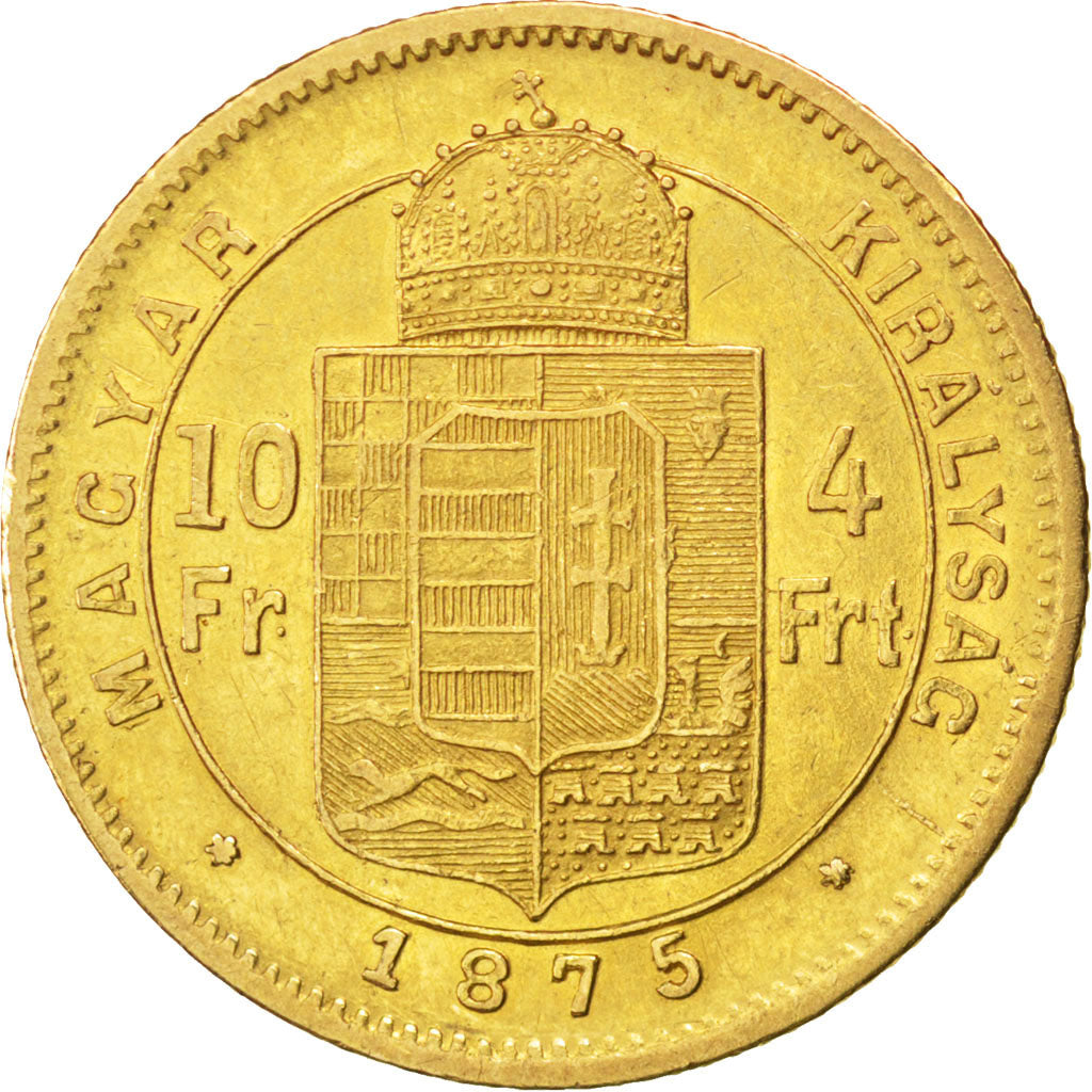 HUNGARY, 4 Forint 10 Francs, 1875, Kormoczbanya, KM #454.2, EF(40-45), Gold,...