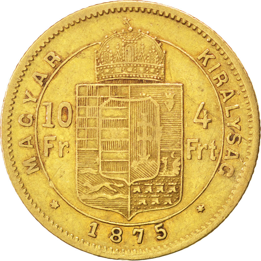 HUNGARY, 4 Forint 10 Francs, 1875, Kormoczbanya, KM #454.2, EF(40-45), Gold,...