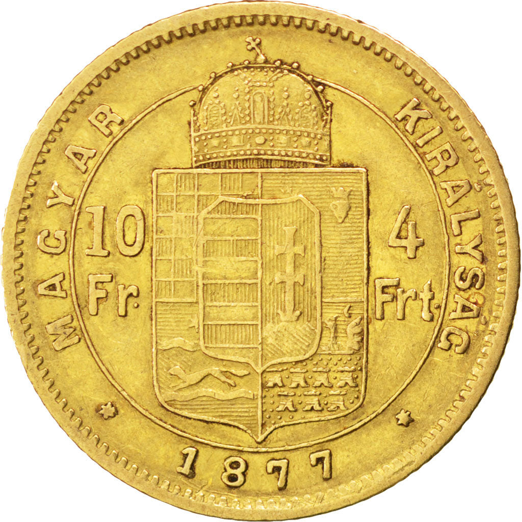 Ungheria, Franz Joseph I, 4 Forint 10 Francs, 1877, Kormoczbanya, BB, Oro, KM...