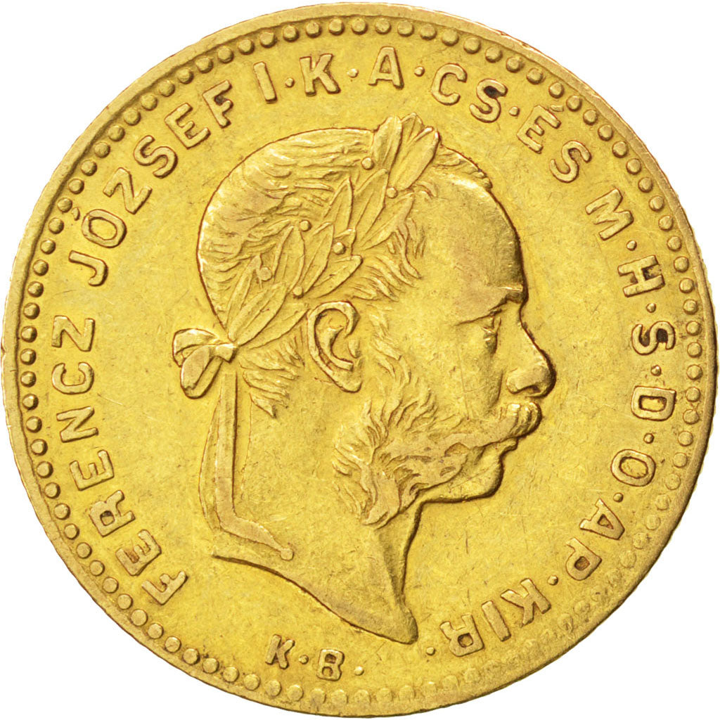 HUNGARY, 4 Forint 10 Francs, 1884, Kremnitz, KM #466, AU(50-53), Gold, 3.19
