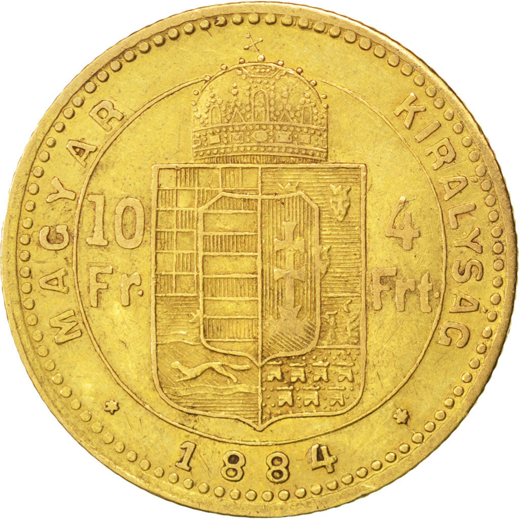 HUNGARY, 4 Forint 10 Francs, 1884, Kremnitz, KM #466, AU(50-53), Gold, 3.19