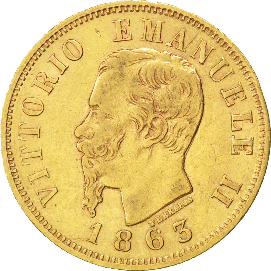 ITALY, 10 Lire, 1863, Torino, KM #9.3, EF(40-45), Gold, 19, 3.19