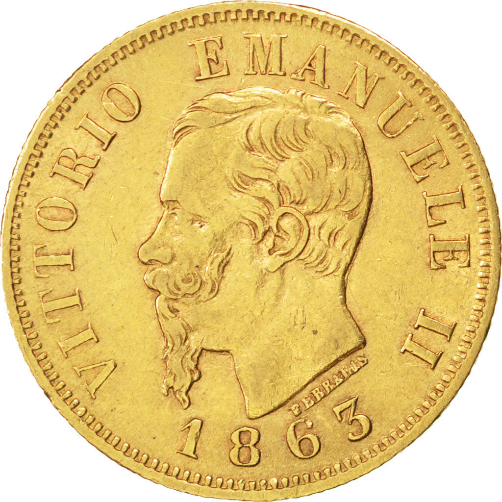 Italia, Vittorio Emanuele II, 10 Lire, 1863, Torino, BB, Oro, KM:9.3