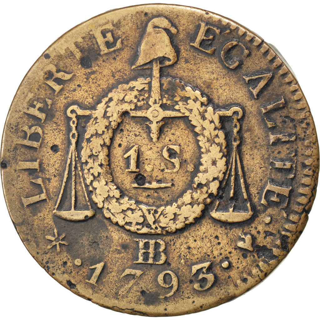 Francia, Sol aux balances françoise, Sol, 1793, Strasbourg, BB, Bronzo, KM:6...