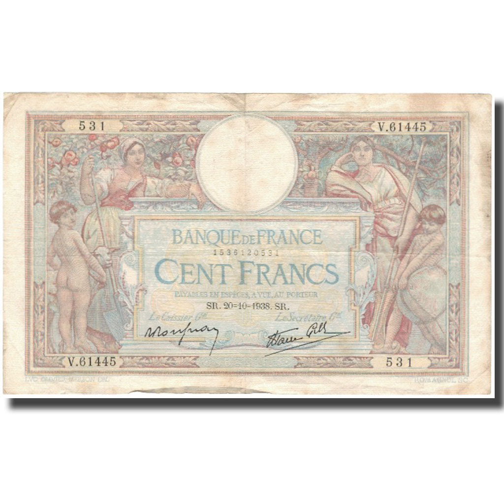França, 100 Francs, Luc Olivier Merson, 1938-10-20, VF(20-25), Fayette:25.32