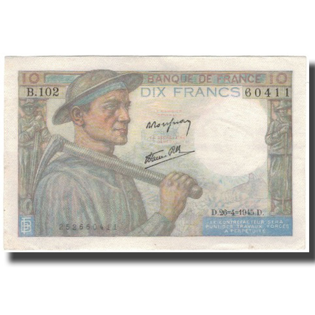 France, 10 Francs, Mineur, 1945-04-26, EF(40-45), Fayette:8.14, KM:99e