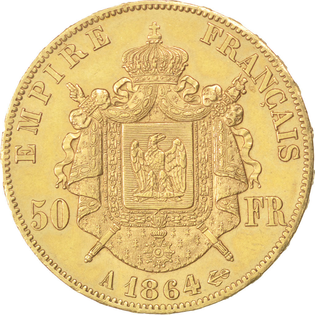 FRANCE, Napoléon III, 50 Francs, 1864, Paris, KM #804.1, AU(50-53), Gold, Gadour