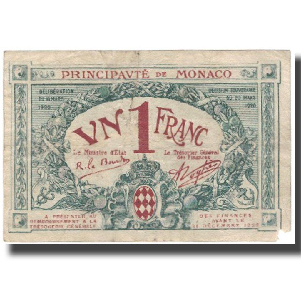 Banknote, Monaco, 1 Franc, 1920, 1920-03-20, KM:5, VF(20-25)