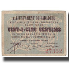Banknot, Hiszpania, 25 Centimos, Batiment, 1937, 1937, VF(20-25)