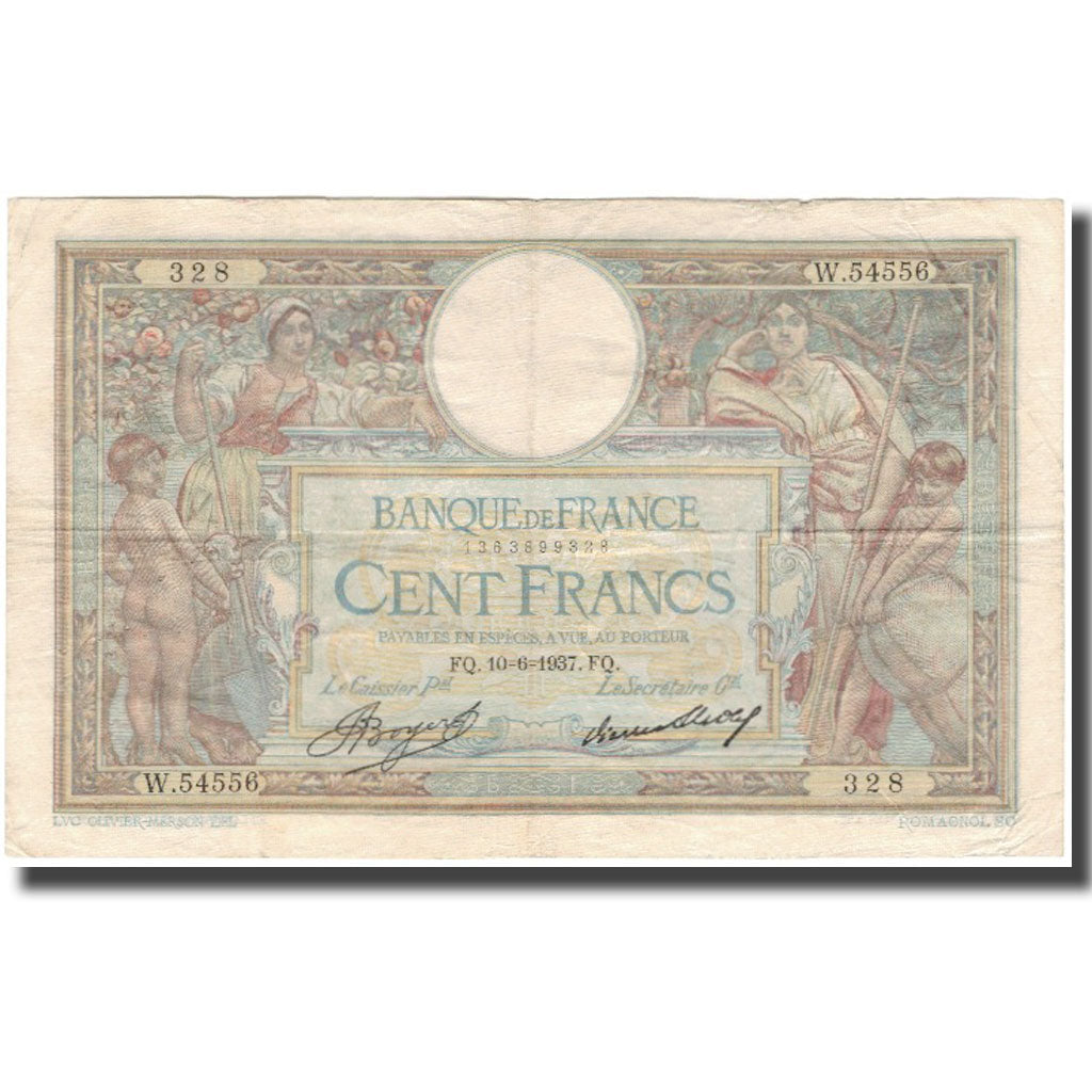 Francia, 100 Francs, Luc Olivier Merson, 1937-06-10, BC+, Fayette:24.16, KM:78c