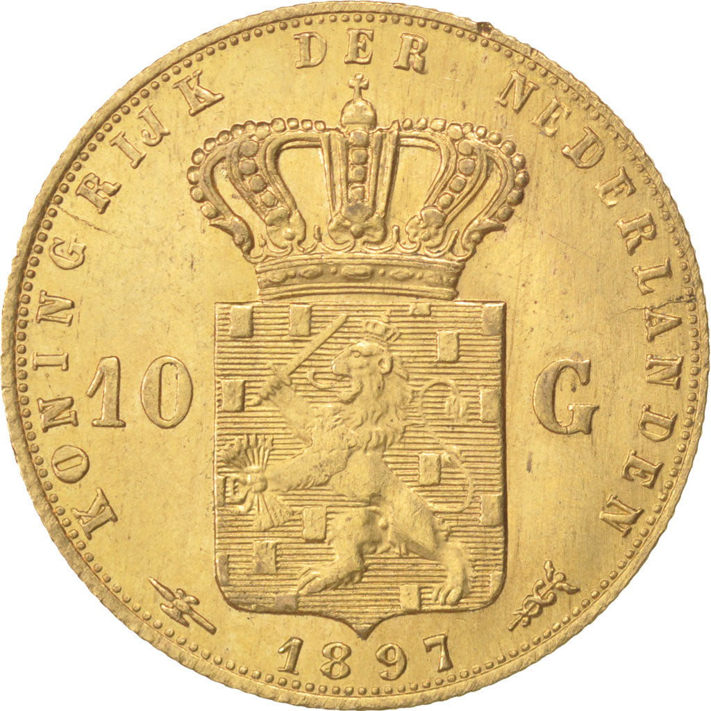 NETHERLANDS, 10 Gulden, 1897, Utrecht, KM #118, AU(55-58), Gold, 22.5, 6.73