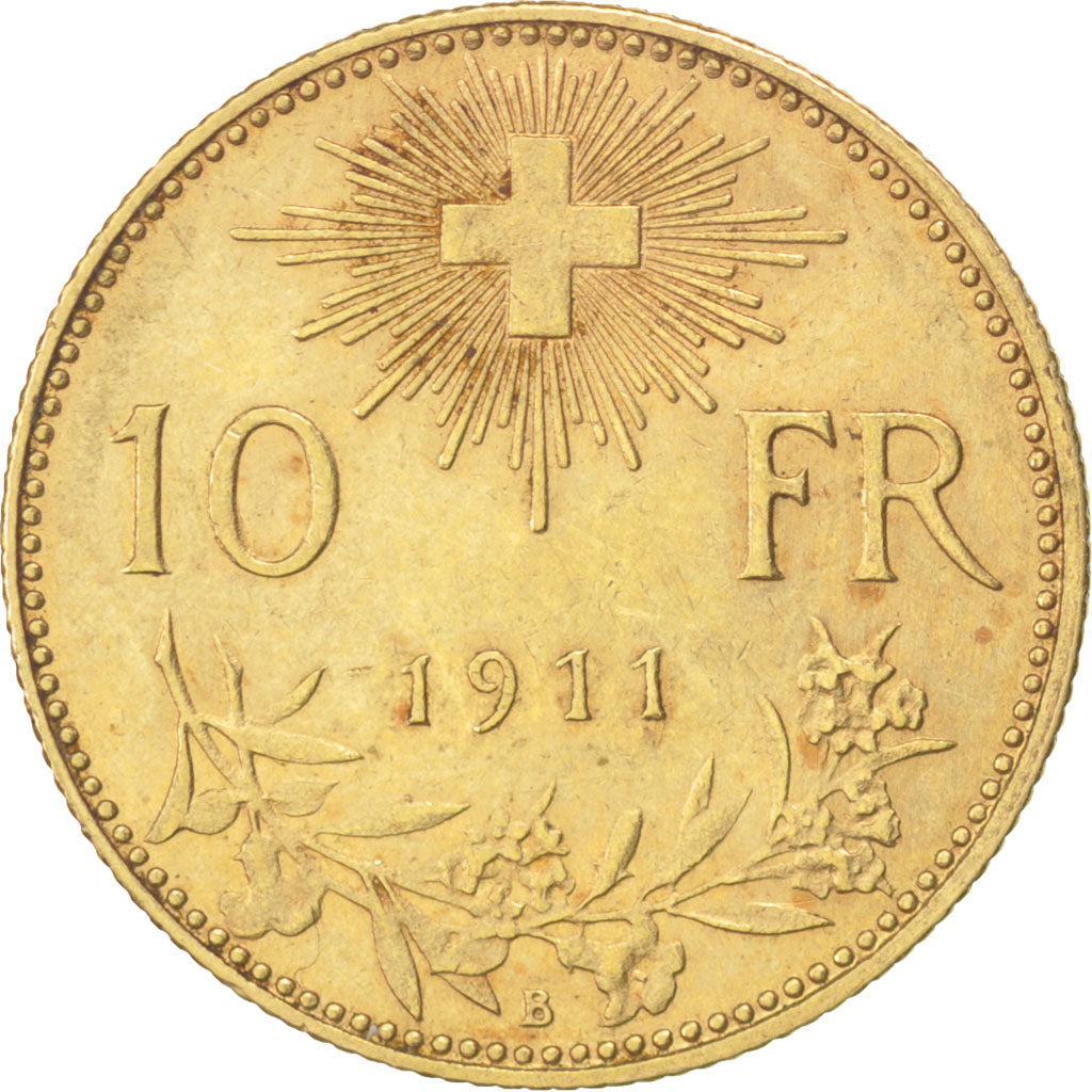 SWITZERLAND, 10 Francs, 1911, Bern, KM #36, AU(50-53), Gold, 3.21