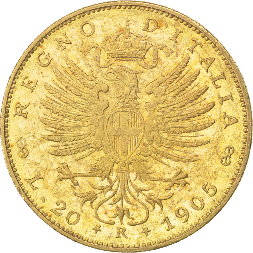 ITALY, 20 Lire, 1905, Rome, KM #37.1, graded, PCGS, MS(60-62), Gold, 6.43