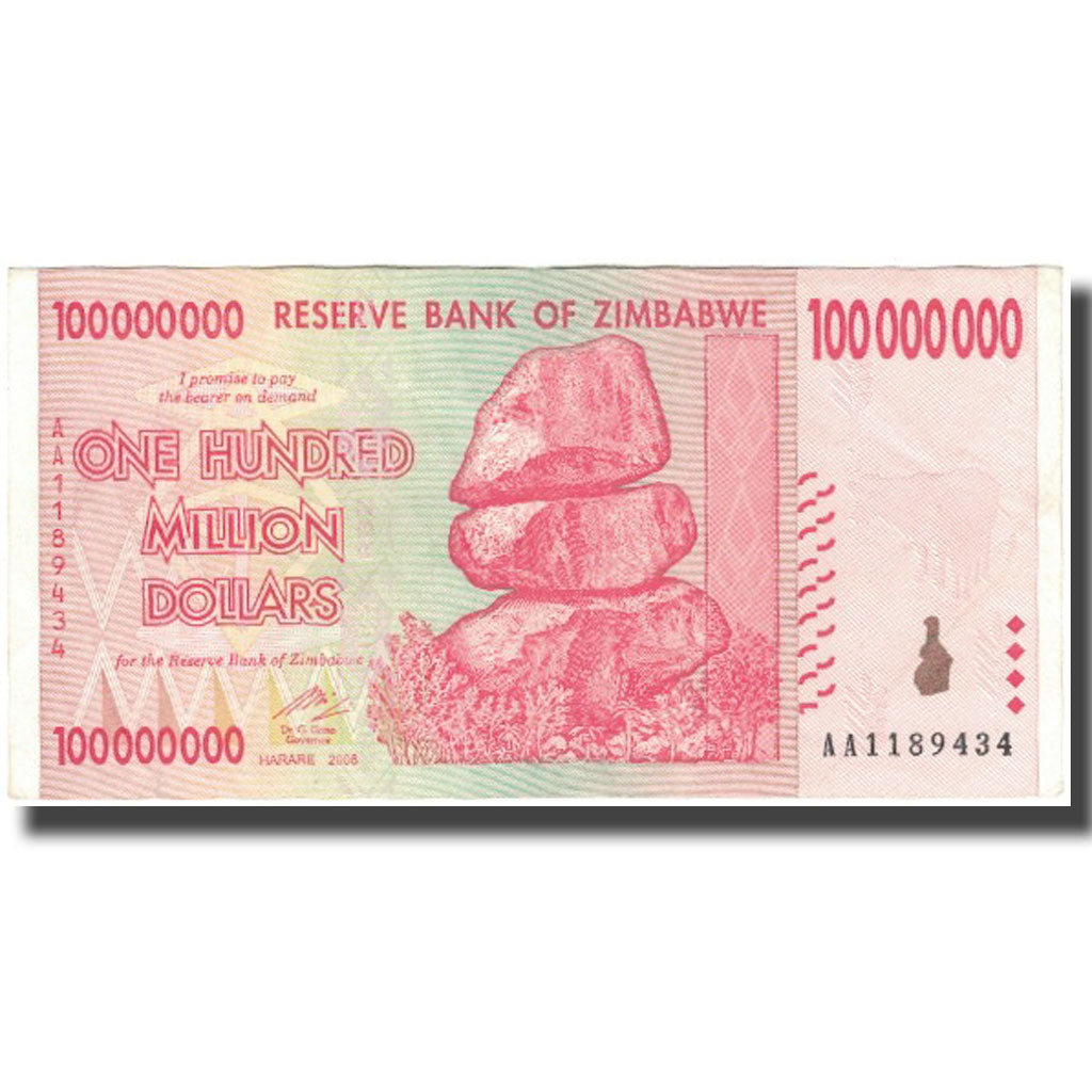 Billete, 100 Million Dollars, 2008, Zimbabue, KM:80, MBC