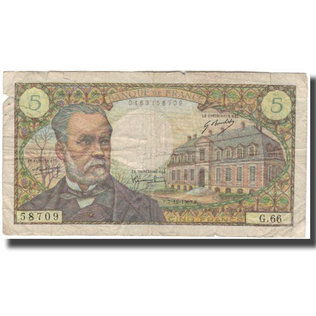 France, 5 Francs, Pasteur, 1967-12-07, VG(8-10), Fayette:61.6, KM:146b