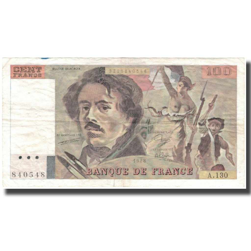 France, 100 Francs, Delacroix, 1988, VF(20-25), Fayette:69.12, KM:154d
