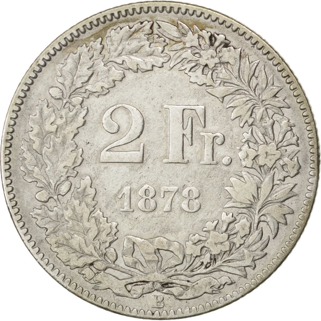 SWITZERLAND, 2 Francs, 1878, Bern, KM #21, EF(40-45), Silver, 27.4, 9.82