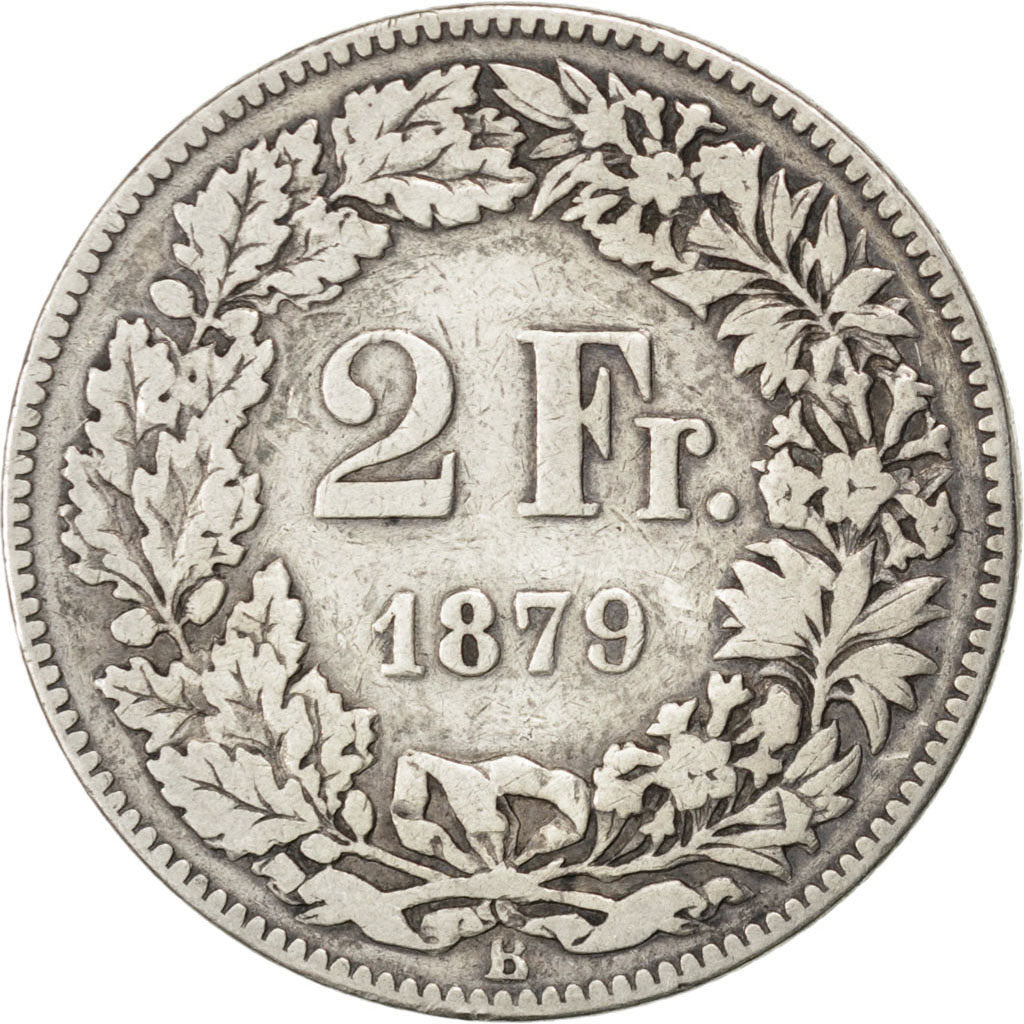 SWITZERLAND, 2 Francs, 1879, Bern, KM #21, VF(20-25), Silver, 27.4, 9.71