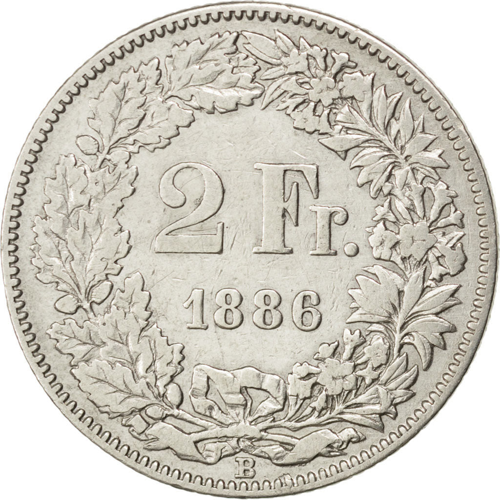 SWITZERLAND, 2 Francs, 1886, Bern, KM #21, VF(20-25), Silver, 27.4, 9.77